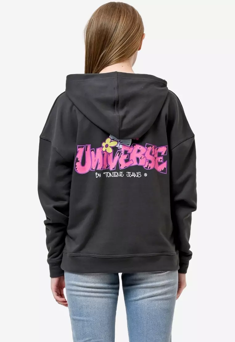 TONIQUE Womens Cotton Graphic Hoodie Dark Grey NOLA Hoodie Wanita Katun Abu Abu