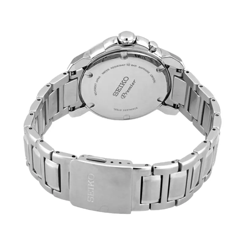 Jam Tangan Pria Seiko Premier SNQ155P1 Discover More Perpetual Calendar Silver Dial Stainless Steel Strap
