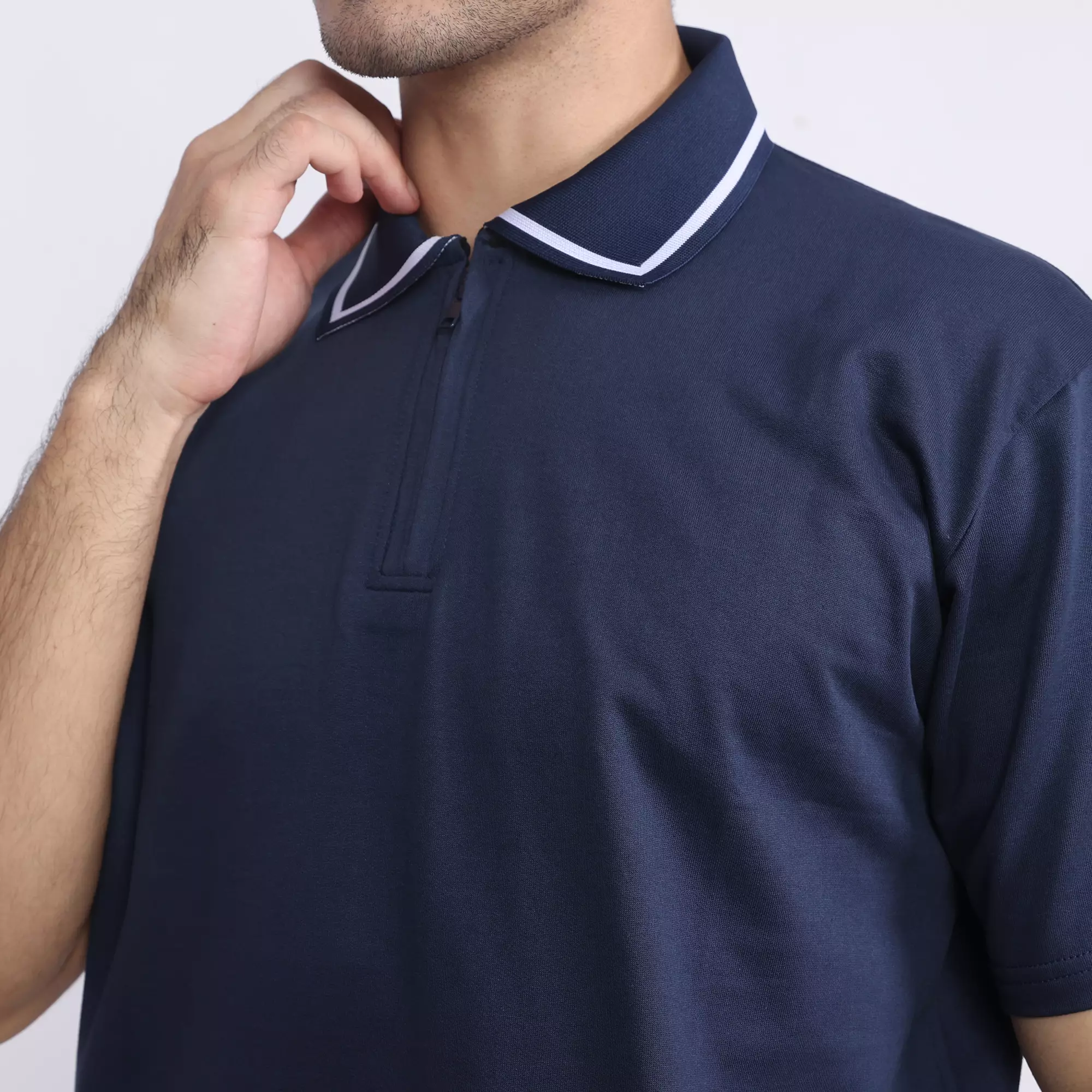 LARUSSO Resort Collection - White Strip Polo Zipped Top - Navy