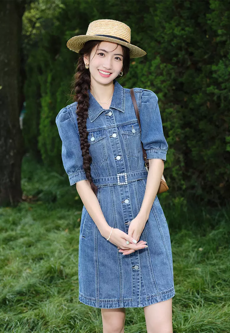 maong dress design Paneled A-Lined Back Tie Denim Maxi Dress LD1542-WCT