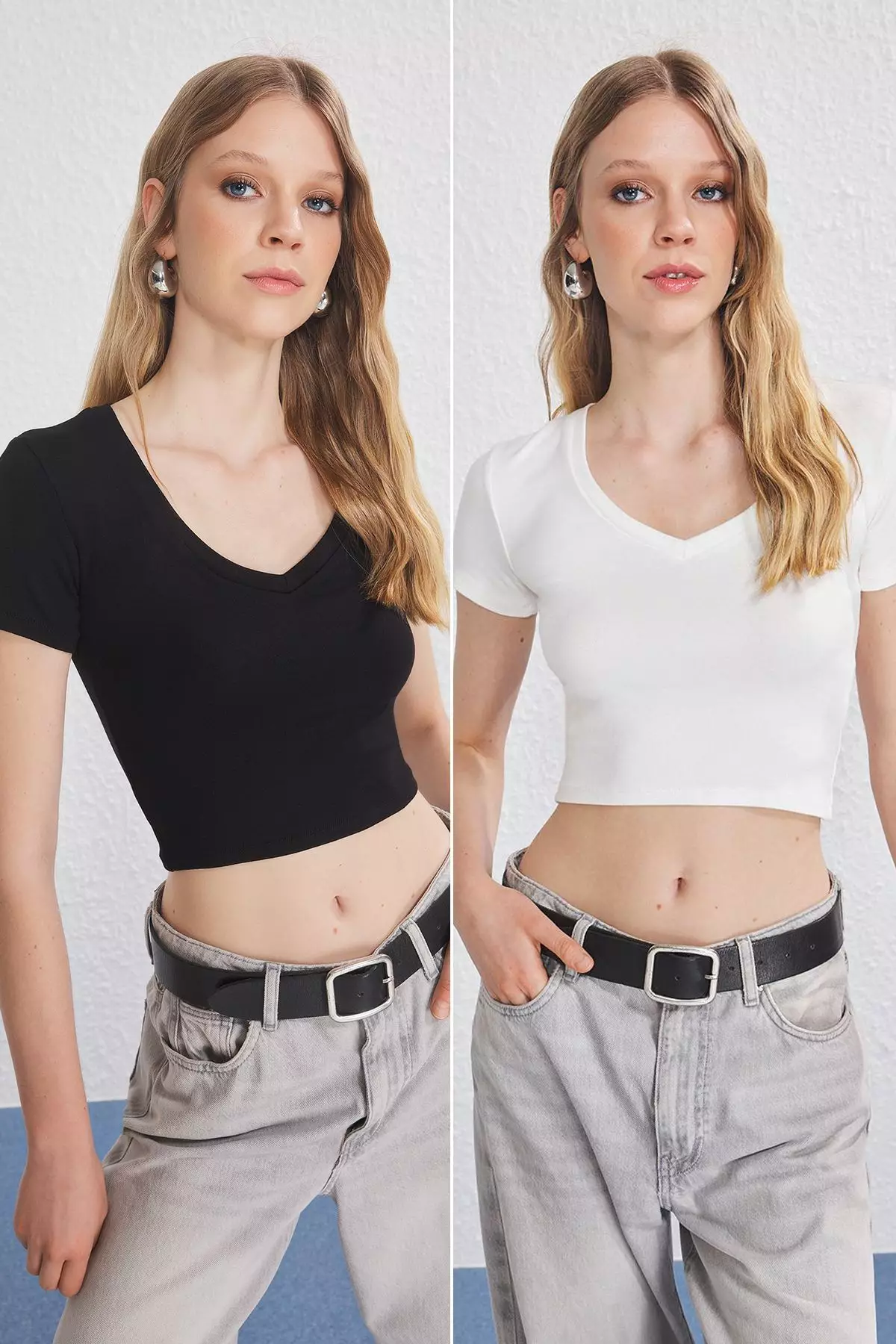 Buy Trendyol Black-White 2-Pack V-Neck Crop Flexible Knit Blouse