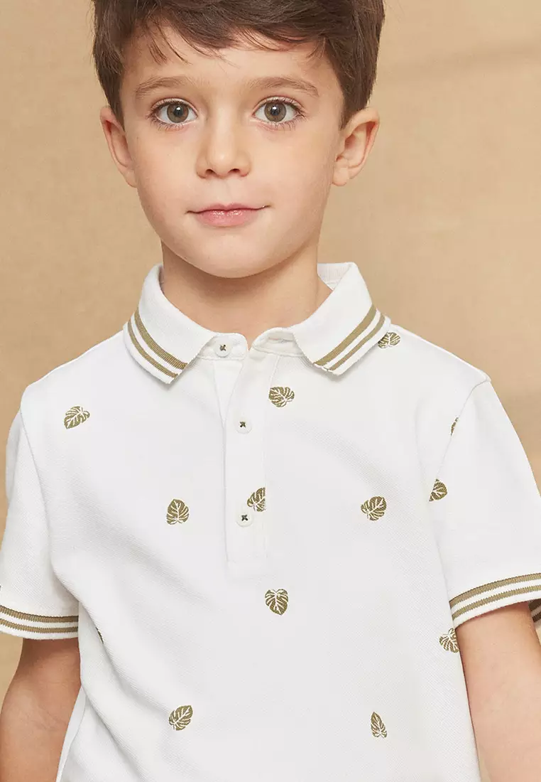 White Polo Shirt with Leaf print