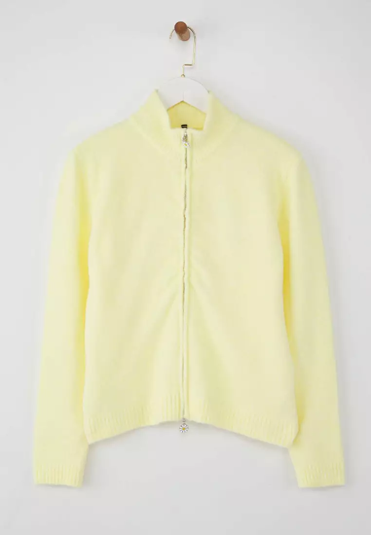 Wardrobe Essentials Yellow Wool Zippered Stand Collar Daisy Knit Cardigan | Twoaw26Hi00090