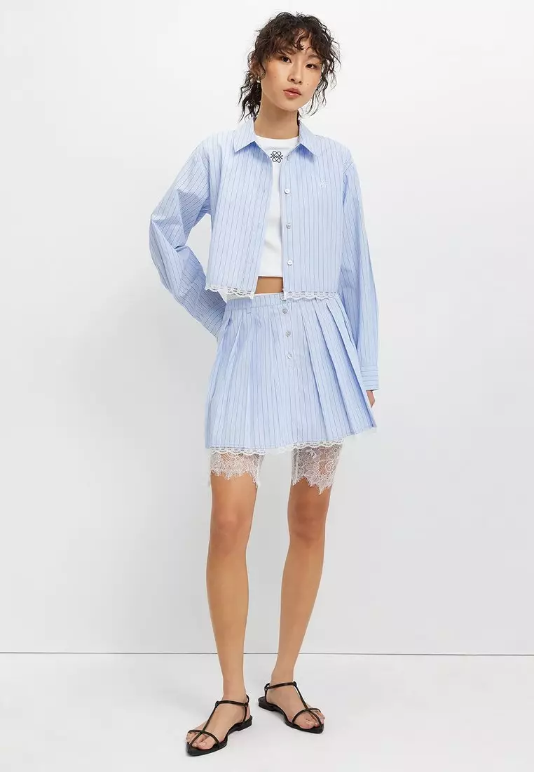 Striped Lace Trim Skirt - Light Blue
