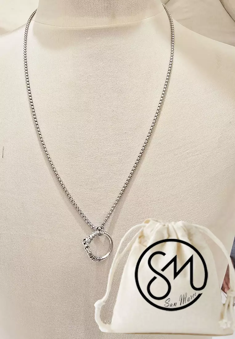 Aksesoris Pria Curled Ring Pendant Premium Stainless Steel Necklace Kalung Pria Cincin Silver