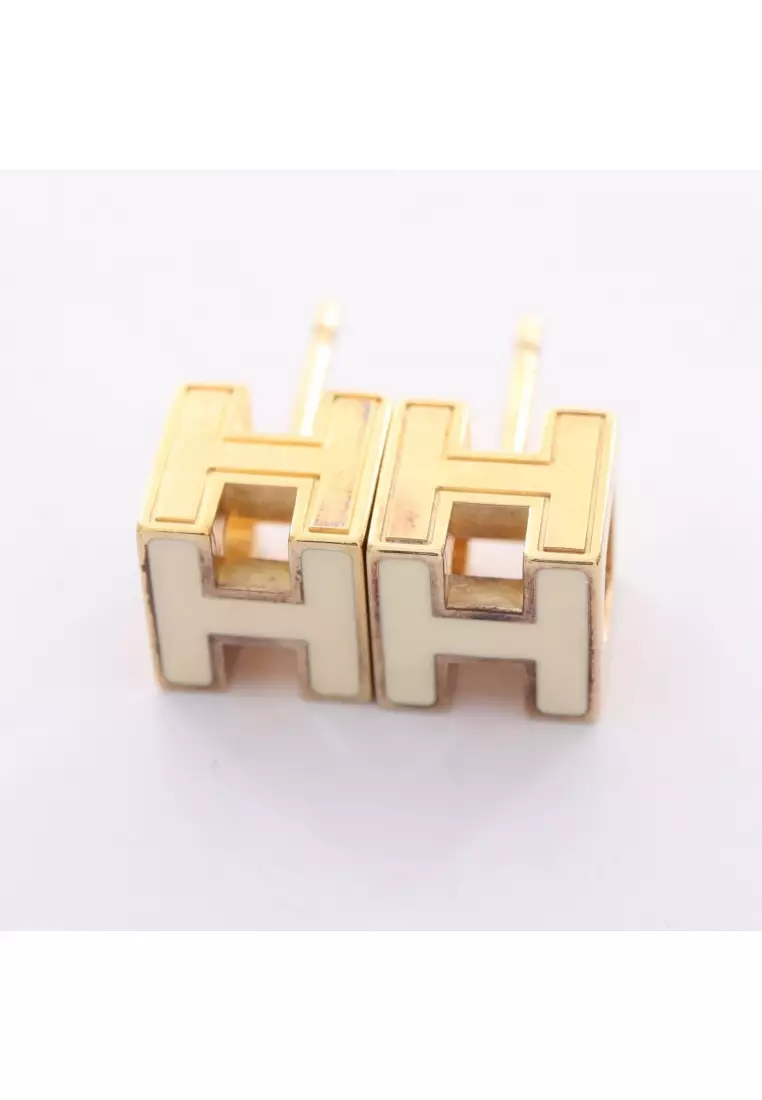 Pre-Loved Hermès Cage d'H Ash H-cube earrings GP gold off white