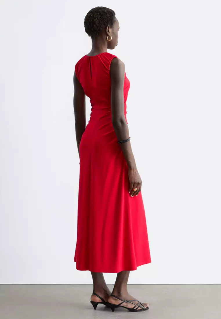 Ruched Keyhole-Neck Midi Dress