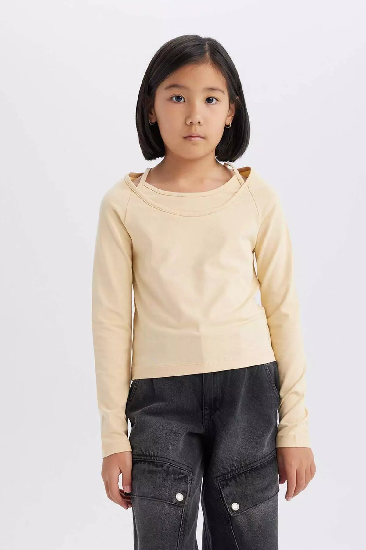 Girls Slim Fit Slim Fit Lapel Printed Ribbed Camisole Long Sleeve T-Shirt D9237A825Sp