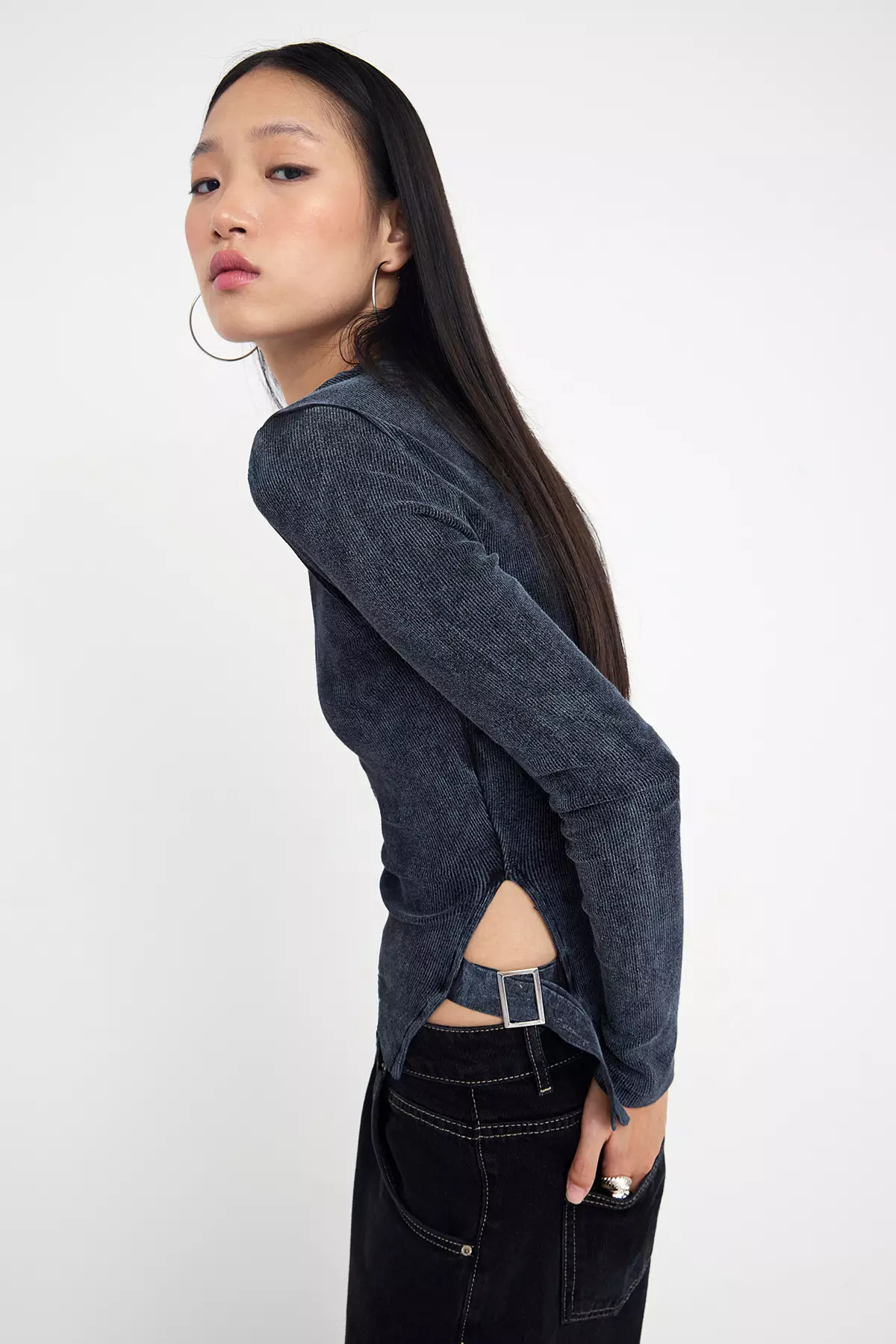 Anthracite Antique/Faded Effect Fitted/Body-Fits Accessory Detailed Flexible Knitted Blouse Twoaw26Bz00111