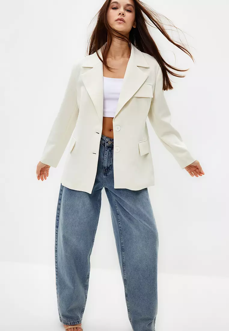 White Oversize Lined Woven Blazer Jacket