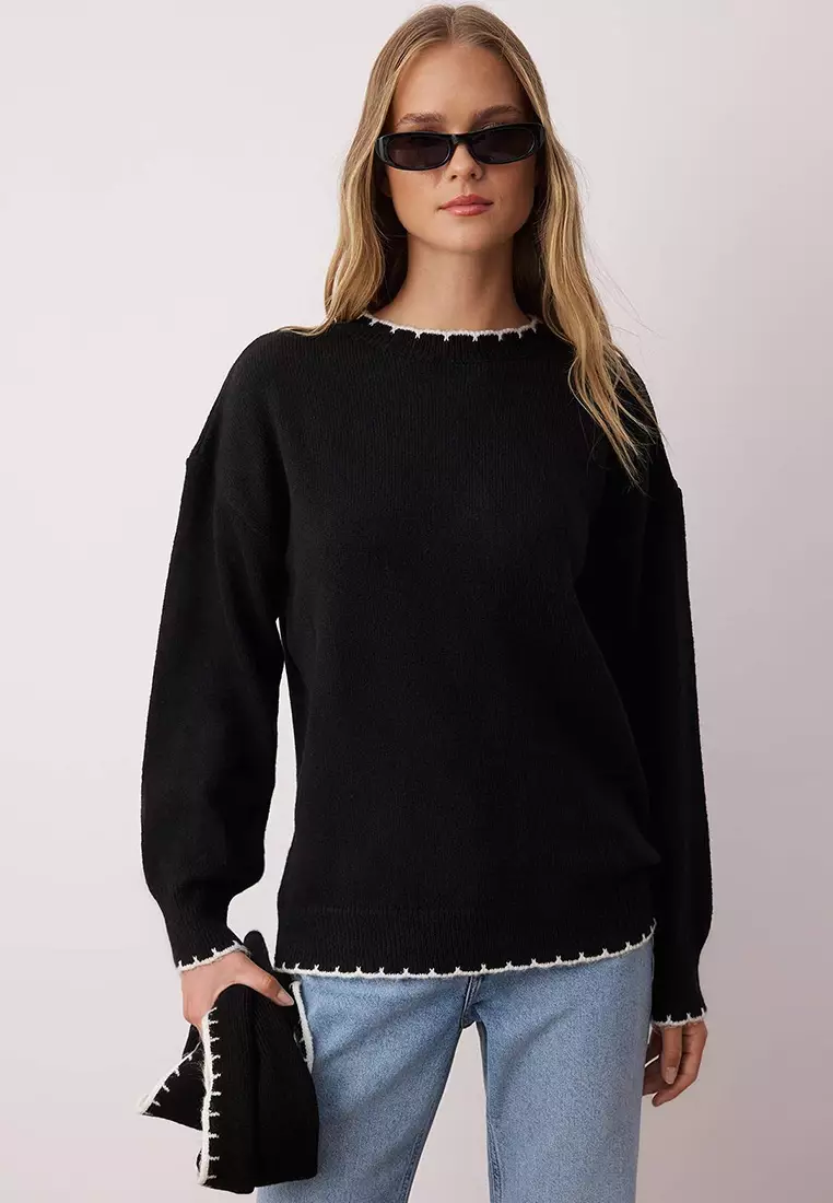 Black Soft Textured Wide Fit Shawl Accessory Knitwear Sweater