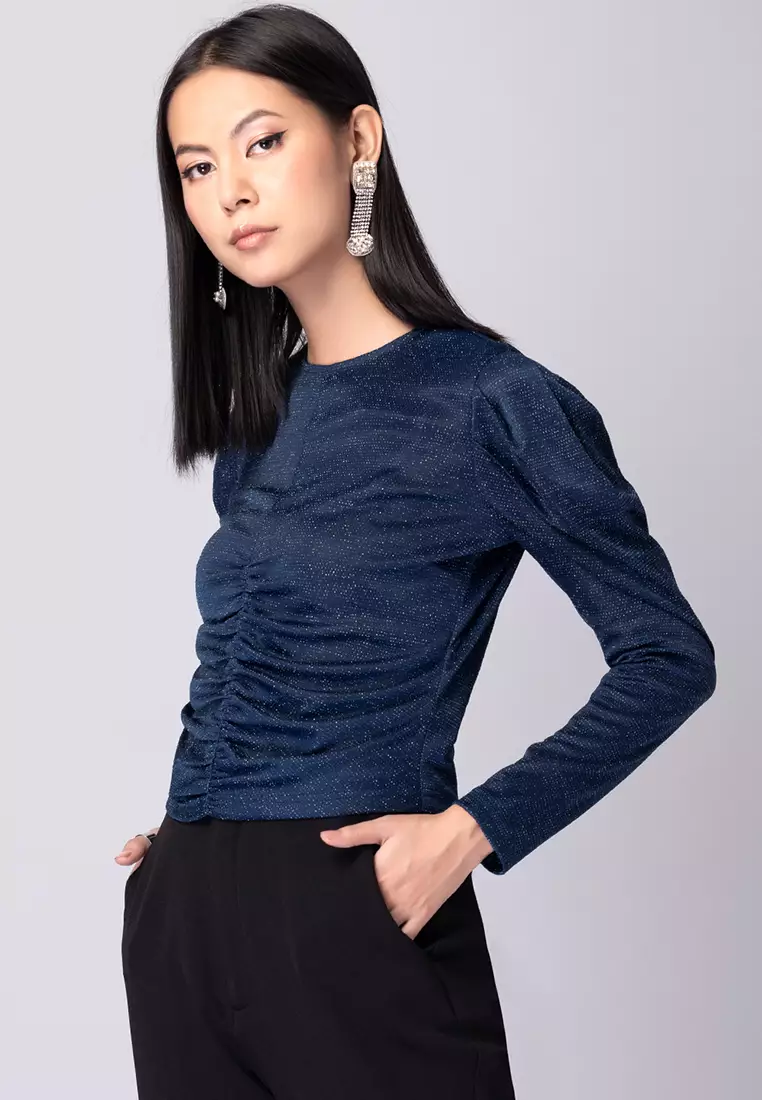 Navy Front Ruched Full Sleeve Blouse
