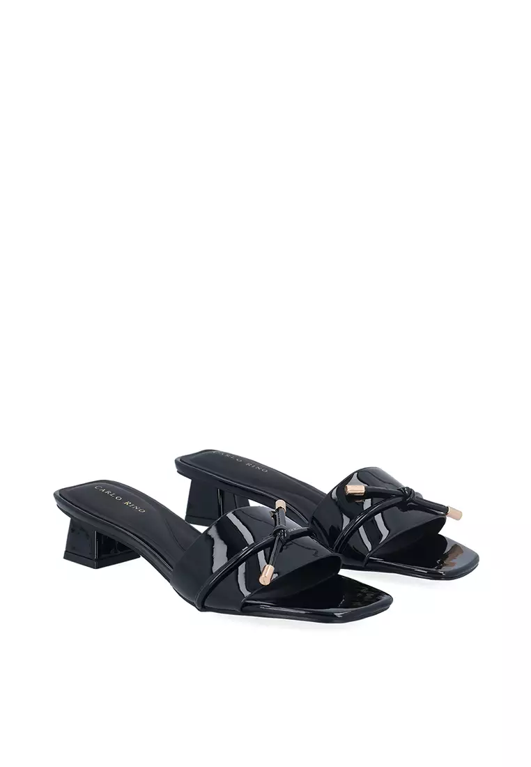 Black Glossy Chunky Heeled Sandals