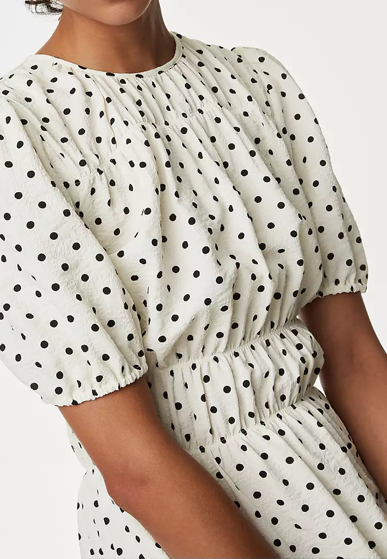 Polka Dot Textured Mini Smock Dress