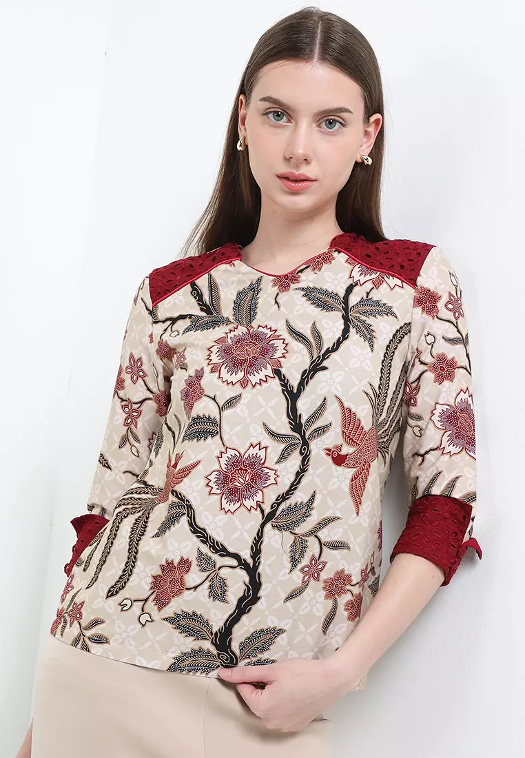 Blouse Atasan Batik Wanita Exclusive Premium Cavera Lengan 7/8 Cream
