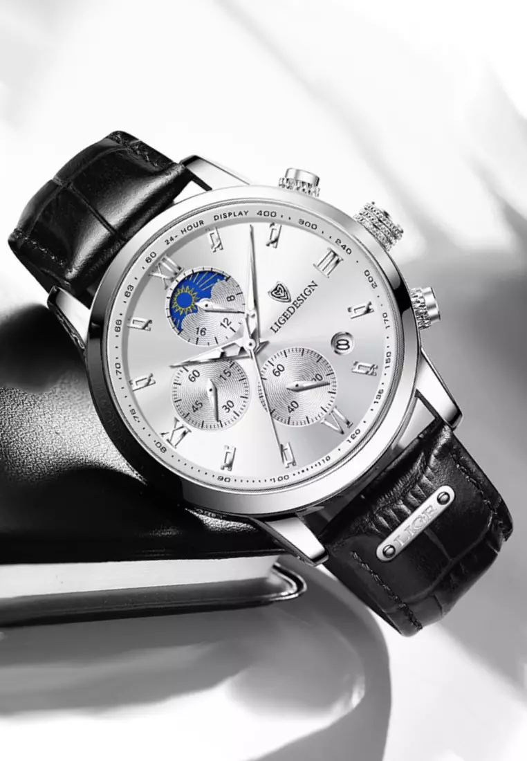 Unisex Stainless Steel Chronograph Quartz Watch 43mm, white dial, on Black Leather Strap