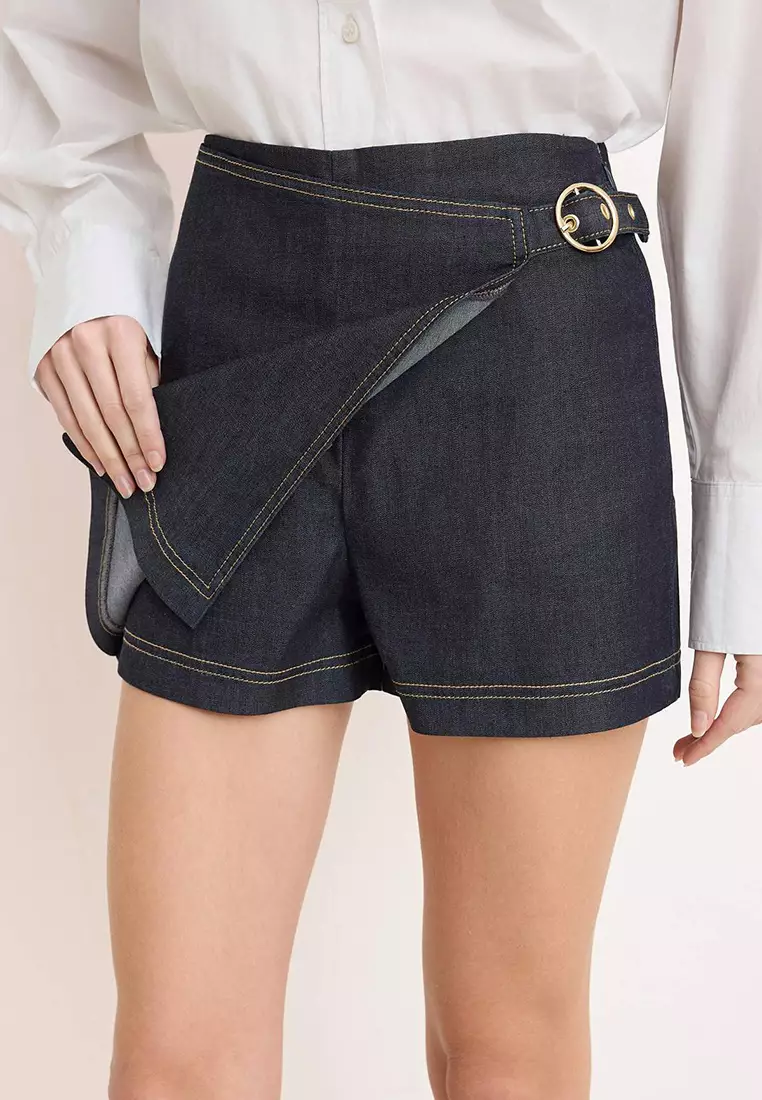 Dark Blue Accessory Detailed Extra Flexible Denim Short Skirt Twoss26Sr3