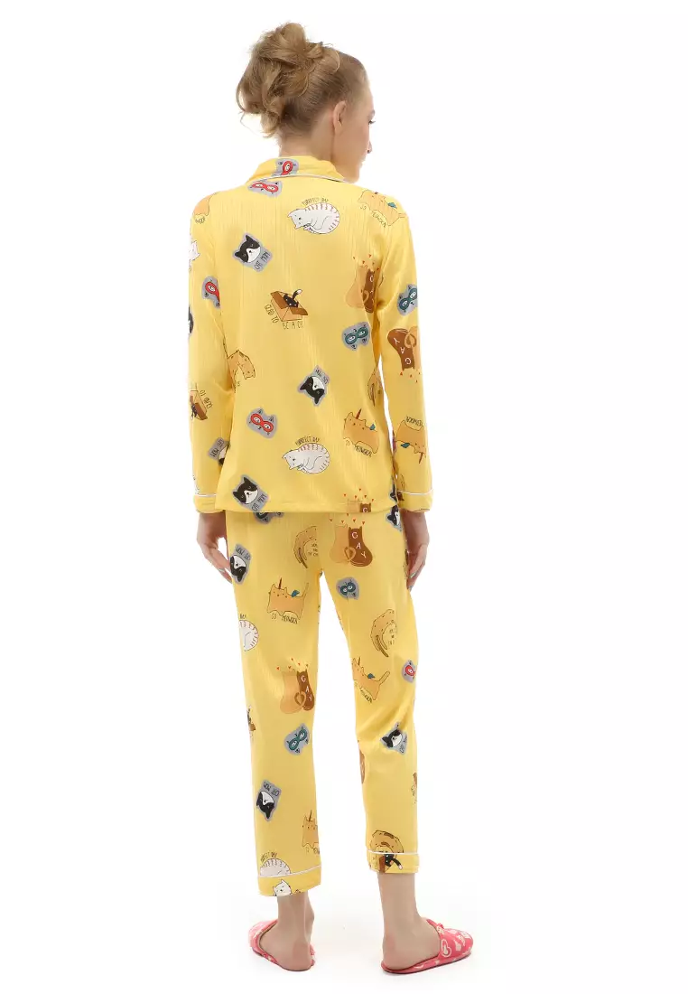 Vance Setelan Piyama Baju Tidur Wanita Lengan Panjang Motif Cat Home Material Cotton ORIGINAL - Yellow