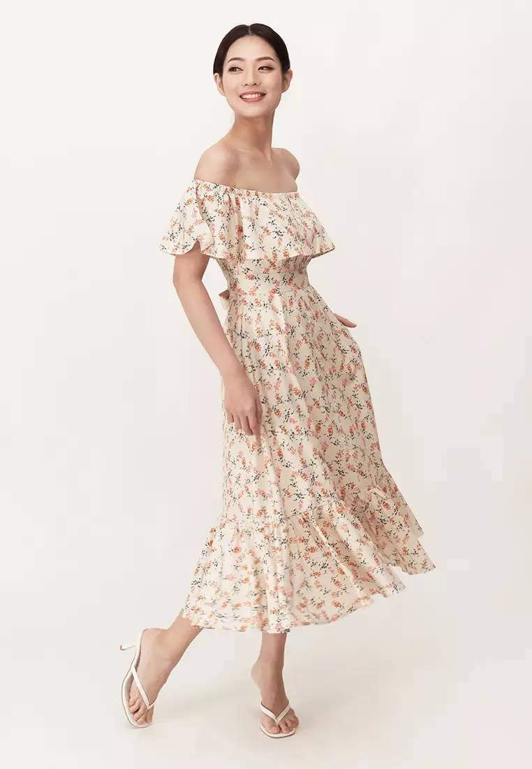 Plain B. Plain B. Off Shoulder Floral Print Midi Dinner Dress Beige ...