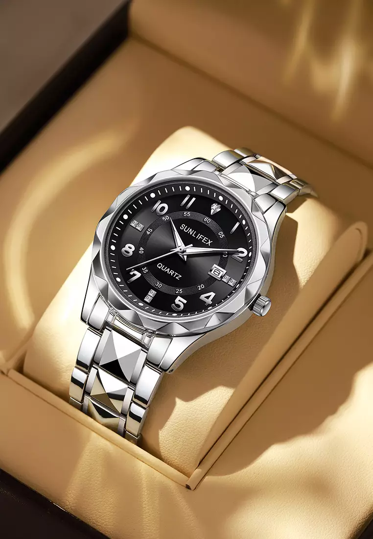 Jam Tangan Pria 3268-2 Bercahaya Kalender Kasual Jam Tangan Cowok Kuarsa Original silverblack