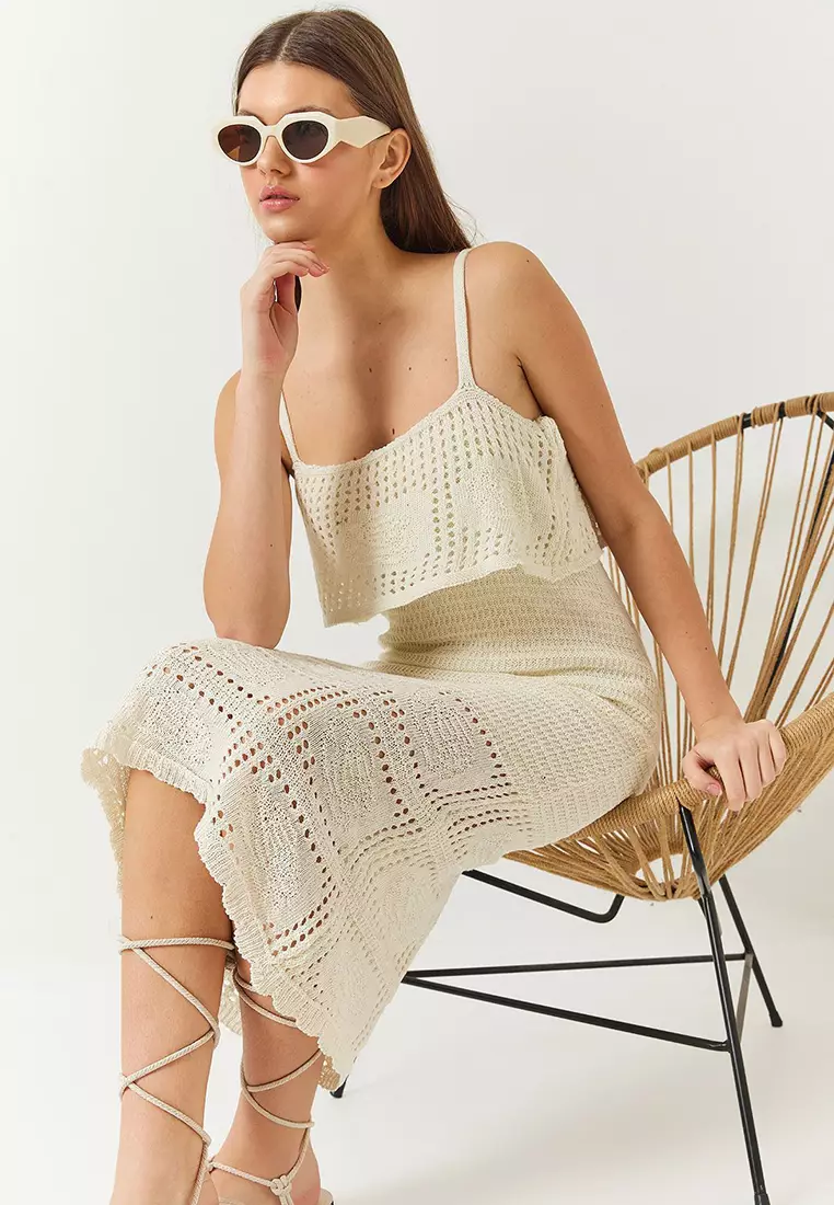 Women's Flower Detailed Strapless Openwork Layered Detail Knitted Dress 60261407