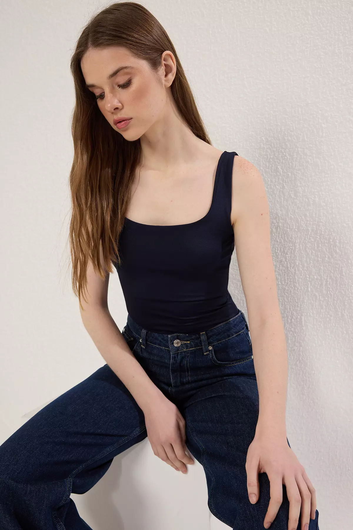 Navy Blue Fitted/Fits on the Body with Back Detail Square Neck Snap Elastic Knitted Bodysuit TWOSS24BD00026