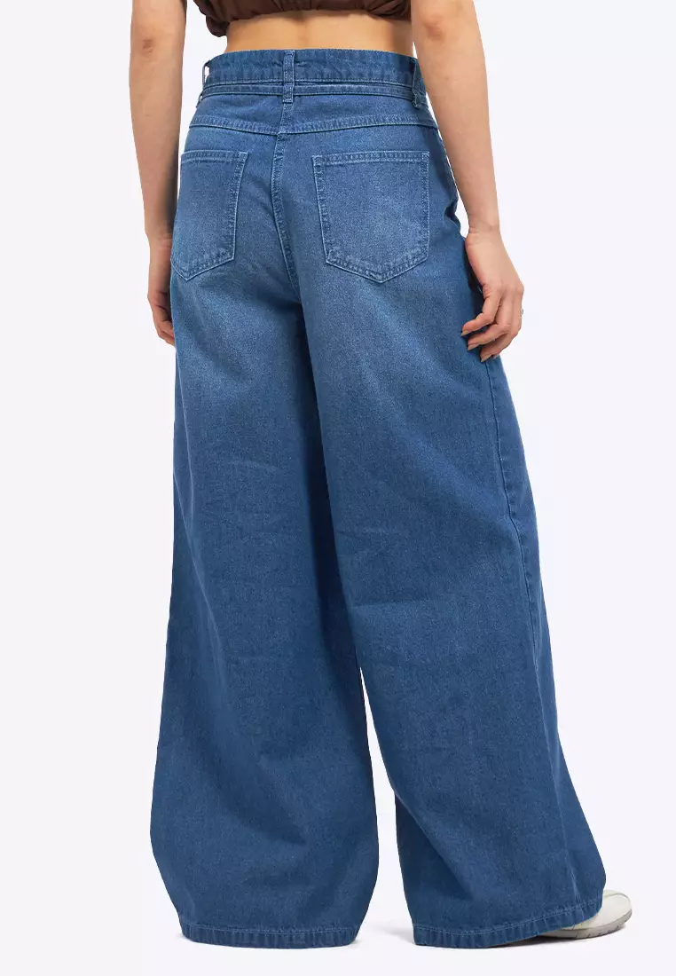 Wide Leg Denim Pants with Belt