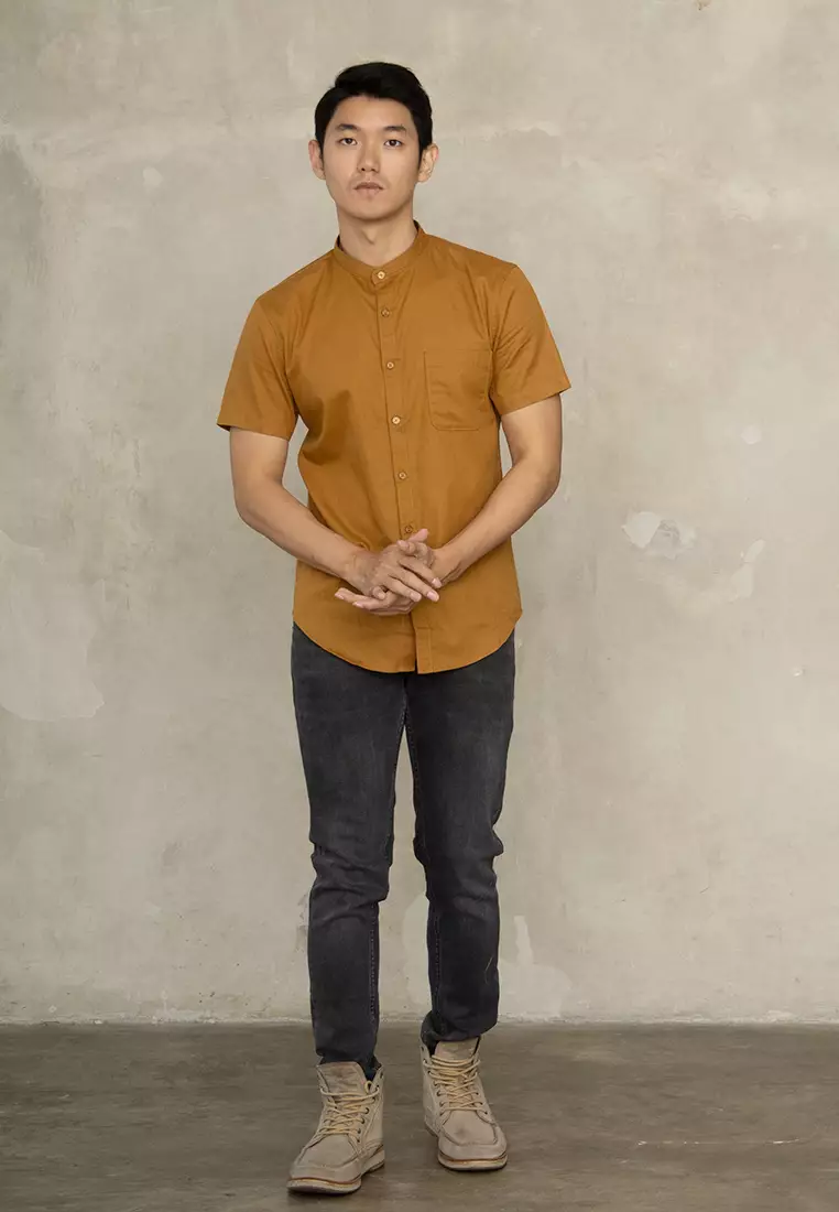 Kemeja Collarless Koko Tangan Pendek short shirt OXCON Mustard