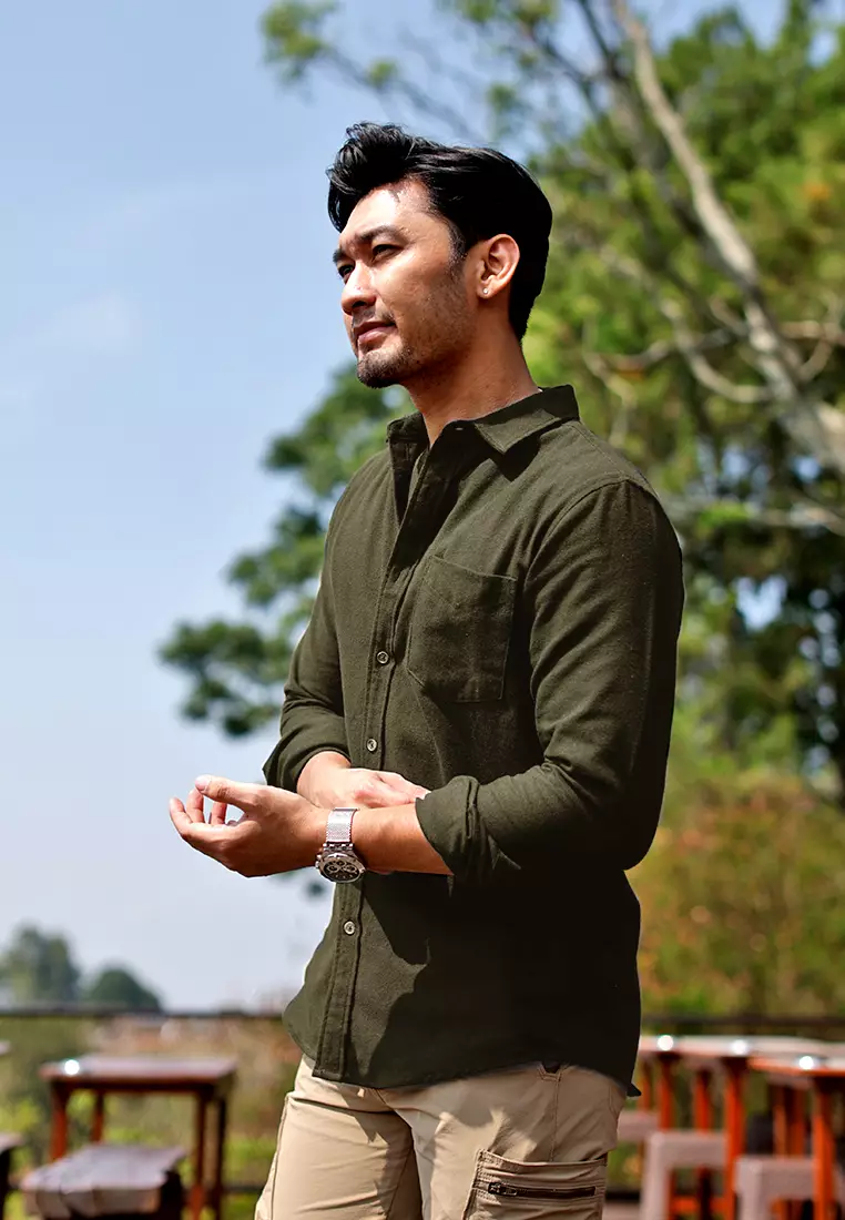 OXCON Extra Comfort Authentic Flannel Shirt Monotone Army Green