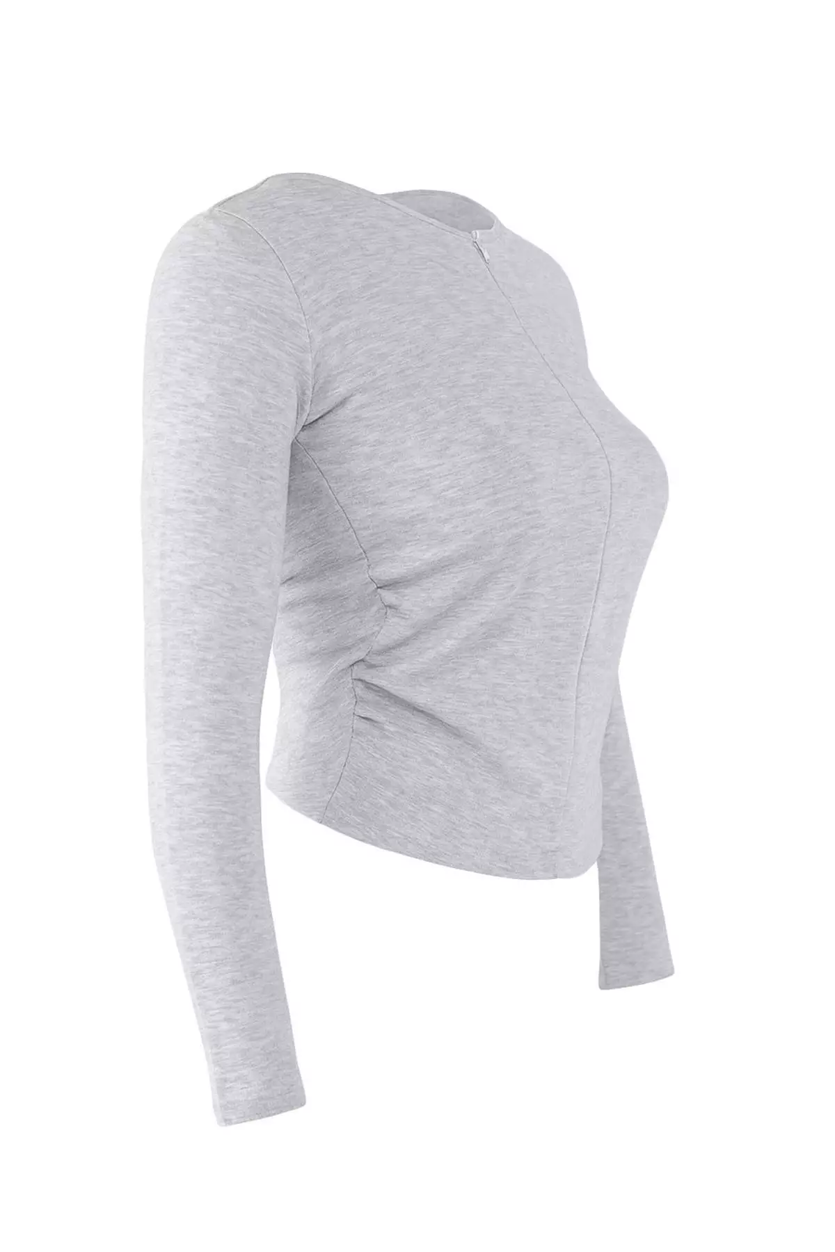 Gray Melange Fitted/Body-Smoothing Half Zippered Double Layered Knitted Blouse Twoaw26Bz00031