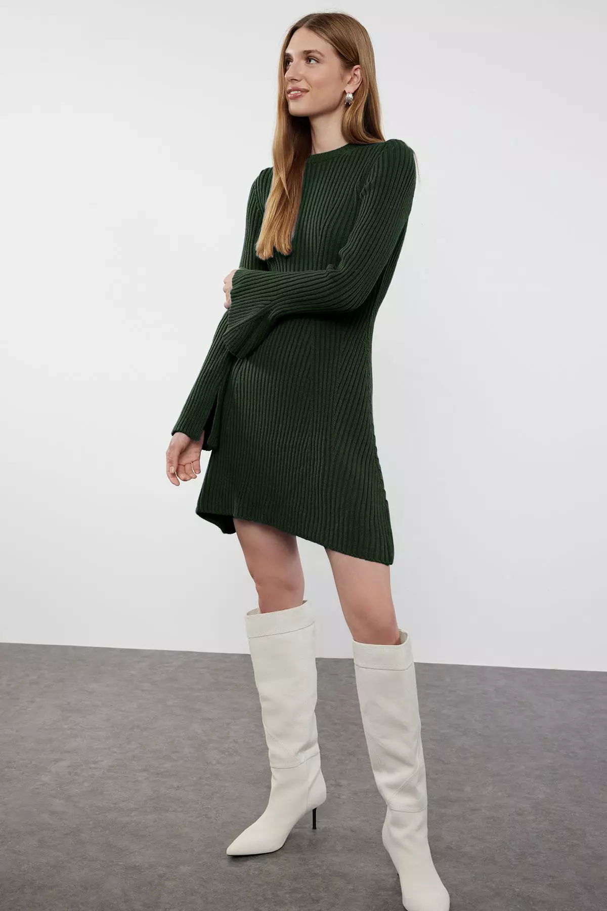 Emerald Green Mini Knitwear A Line Form Fit Dress