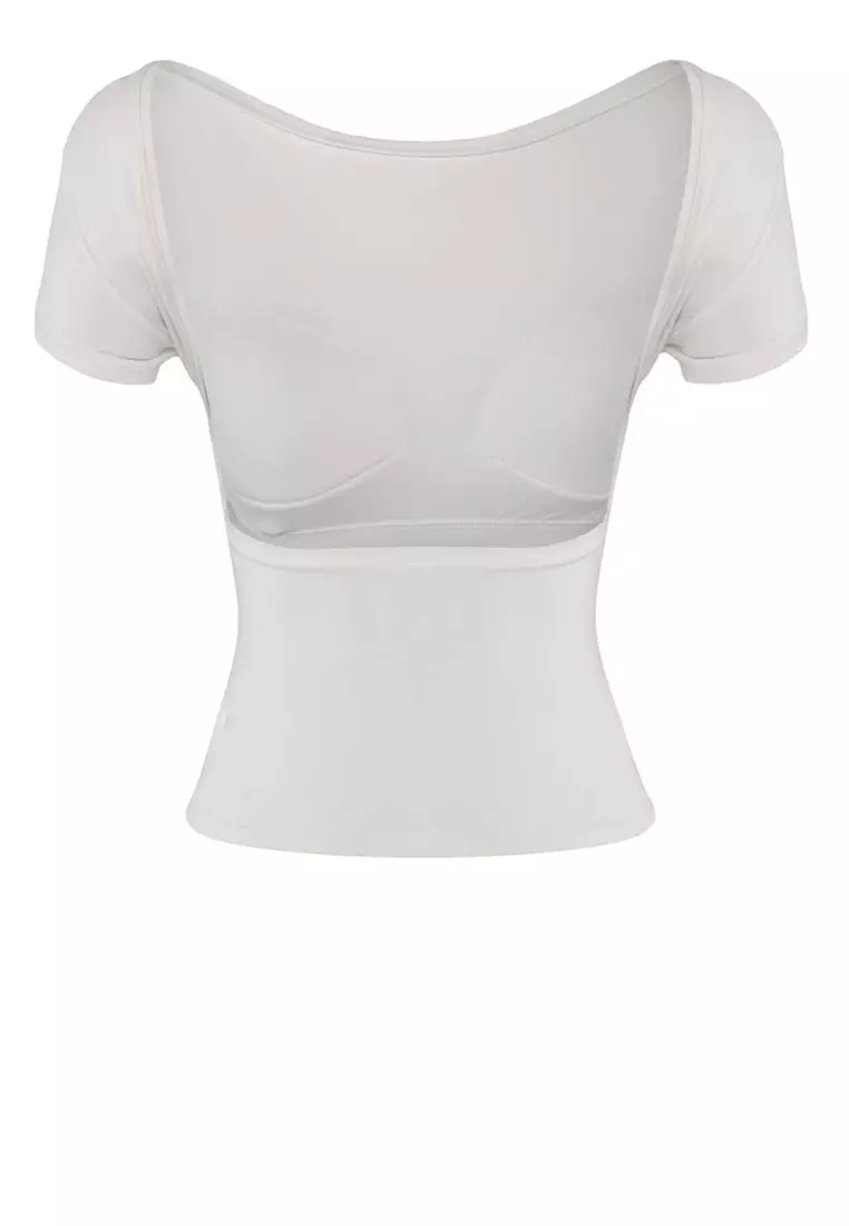 Ecru Chest Padded Backless Padded Fitted/Body-Smoothing Knitted Blouse TWOSS25BZ00468