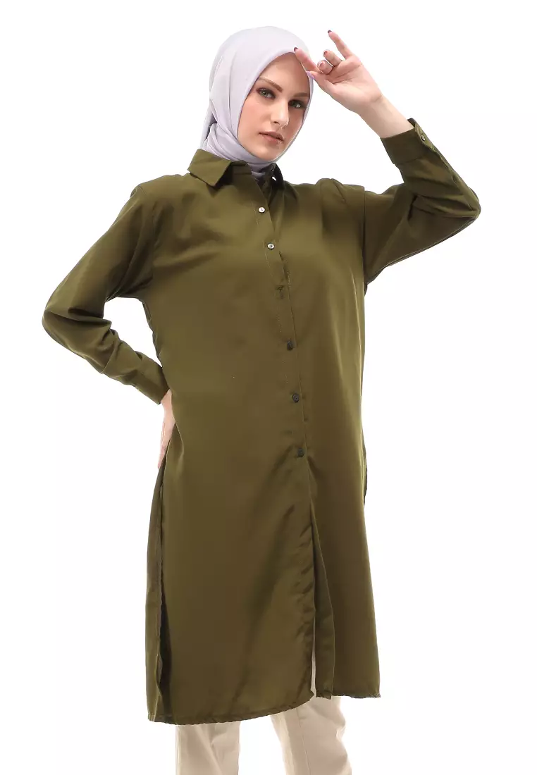 Septiyani Tunik Atasan Wanita Motif Polos Long Sleeve Regular Fit - Army