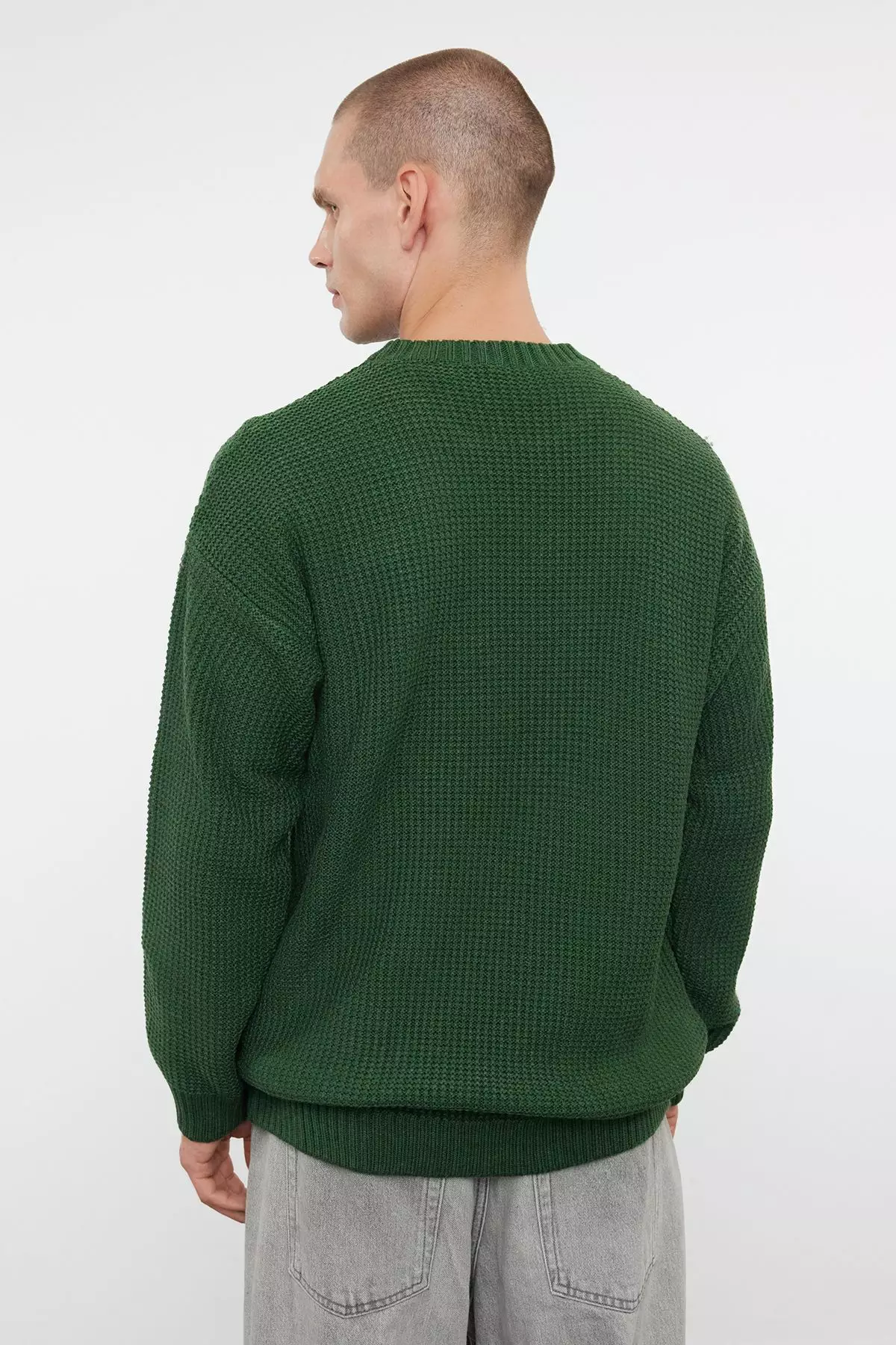 Khaki Oversize Crew Neck Textured Sweater TMNAW24KZ00032