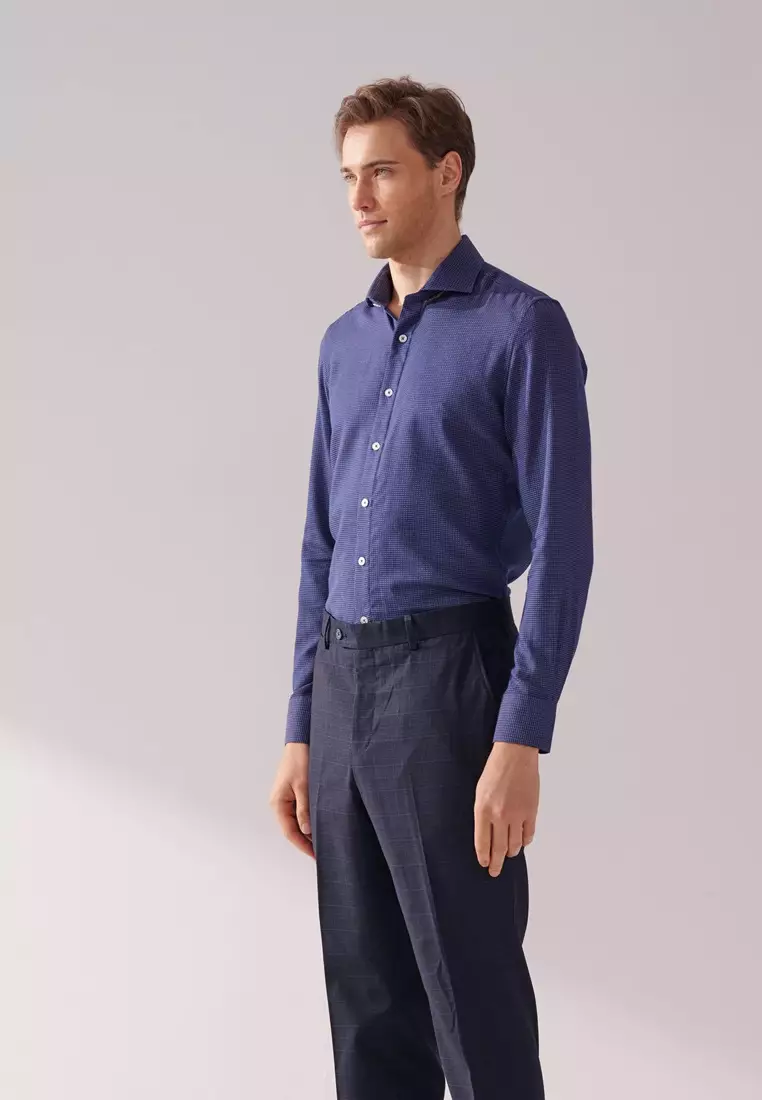 Dark Blue and White Textured Slim Fit Shirt