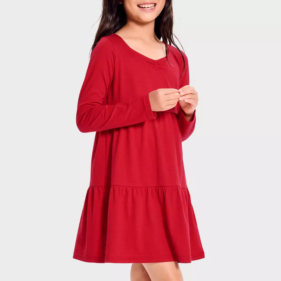Girls Tiered Dress - Baju Anak Perempuan (Merah)