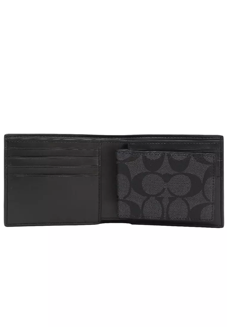 Mens Boxed 3 In 1 Wallet Gift Set With Signature Canvas - Black