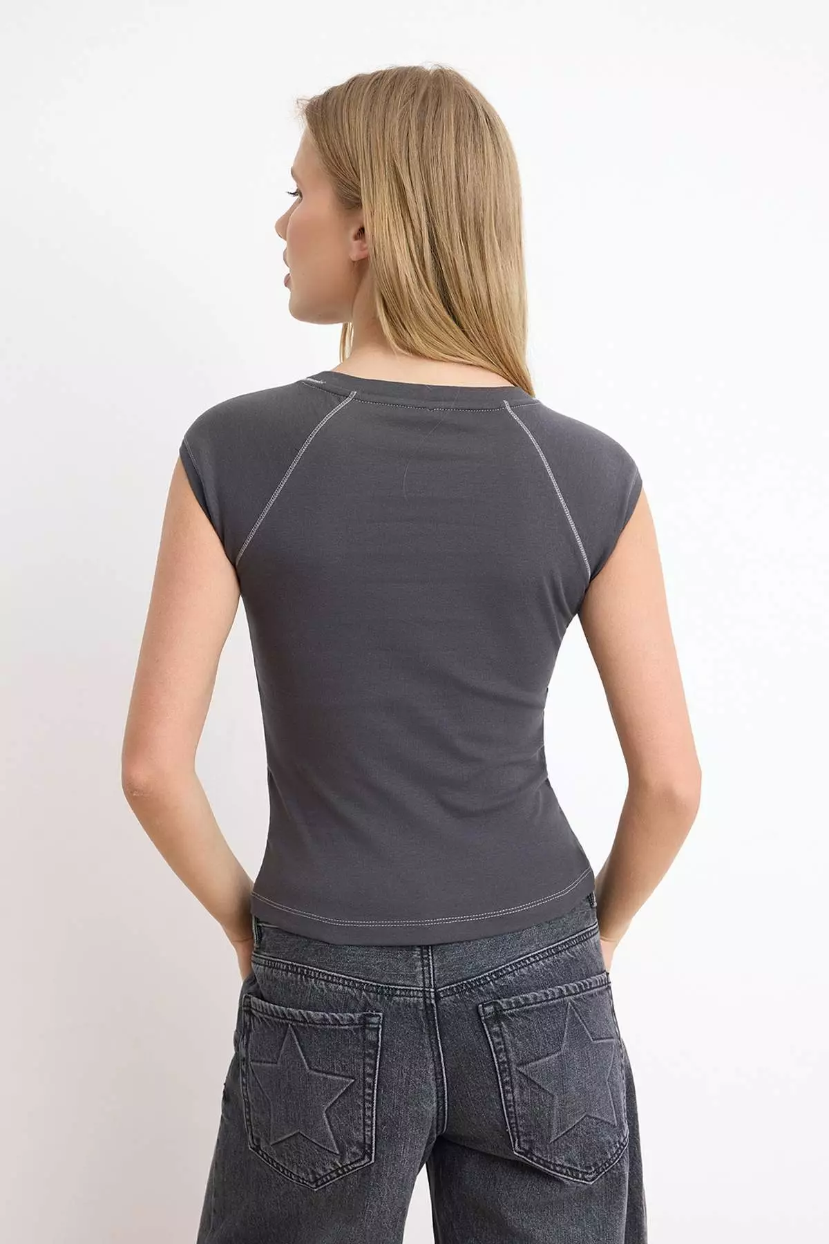 Anthracite Fitted Raglan Sleeve Short Sleeve Ribbed/Camisole Knitted Blouse Twoss26Bz618