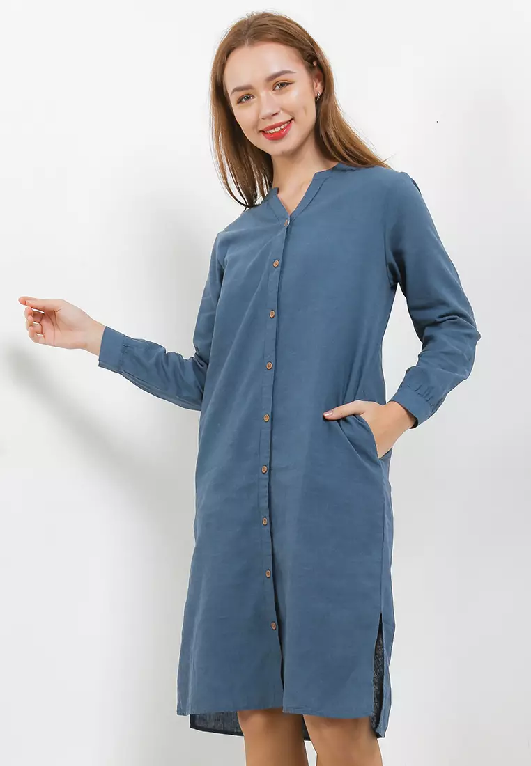 Long Sleeve Button Down V Neck Dress Women's Long Sleeve Button