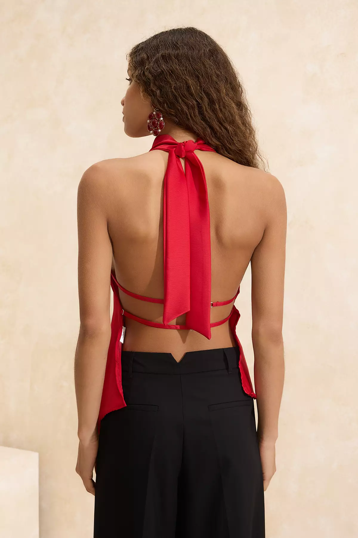 Red Asymmetric Cut Halter Neck Satin Blouse Tprss26Bz19