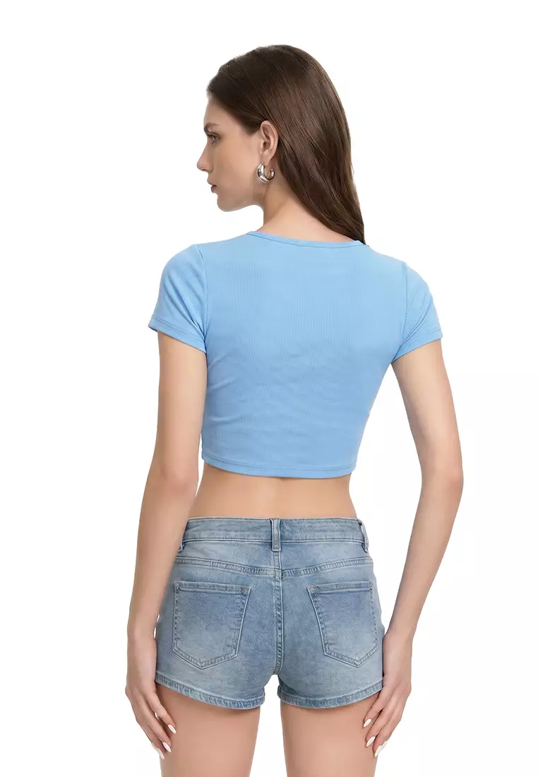 Blue Drawstring Detail Crop Top