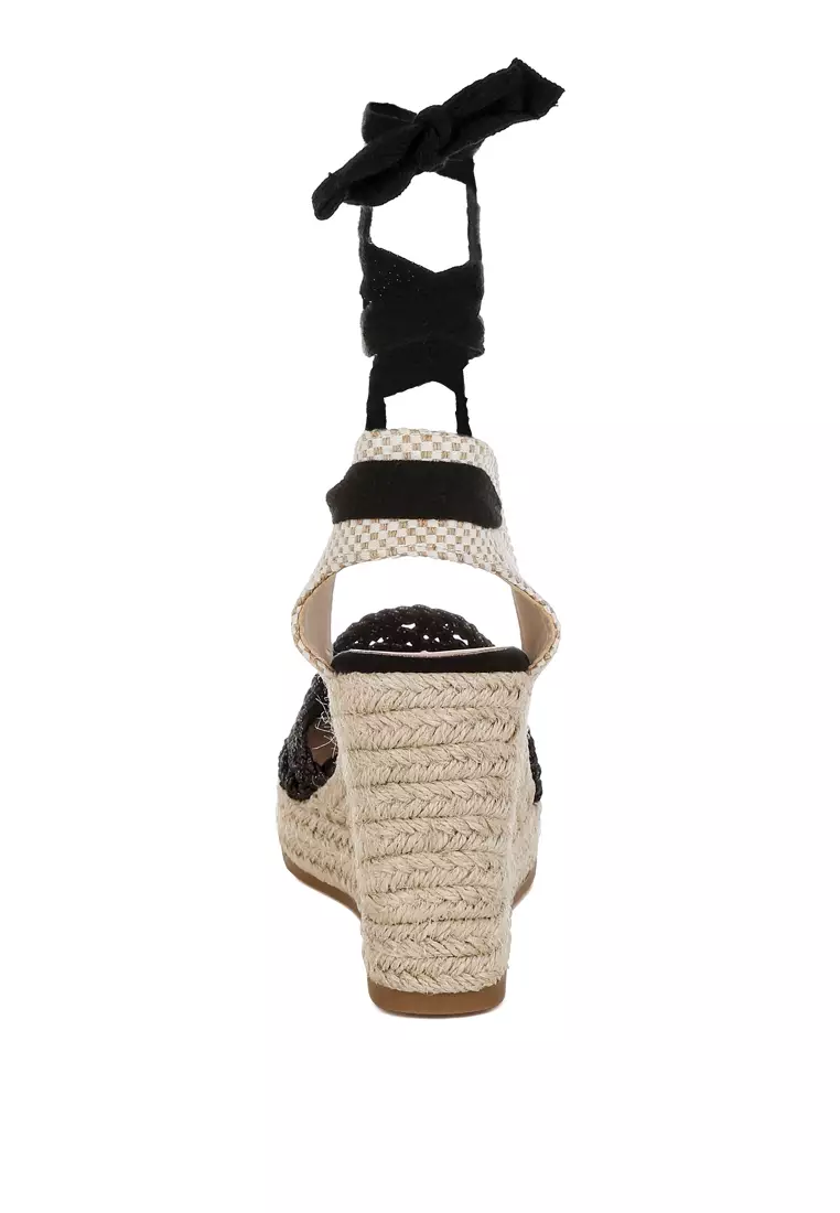 Black Woven Lace-Up Espadrille Wedges