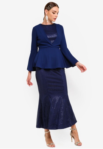 Sequin Pieced Peplum Top With Mermaid Skirt from Zalia in blue and Navy