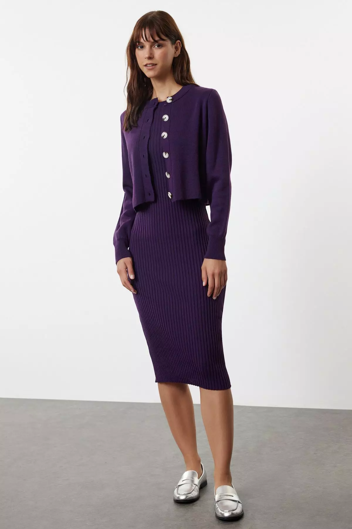 Purple Midi Knitwear Basic Cardigan Dress Twoss23El00738