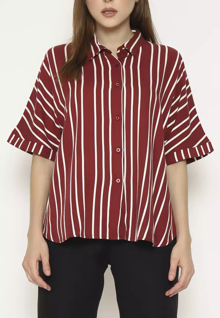 Urban Exchange Kimiko Stripe Maroon Shirt - Kemeja Lengan Pendek Wanita
