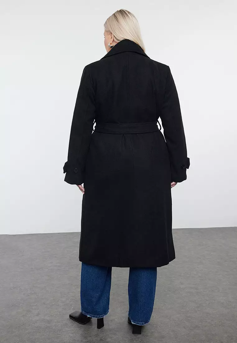Black Regular Fit Wide Collar Detailed Long Wool Blend Cashew Coat Tbbaw25Dd00011