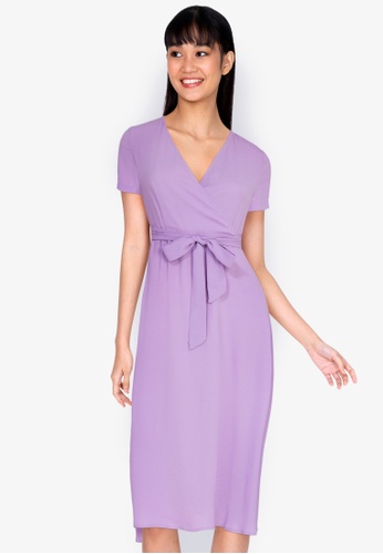 ZALORA BASICS purple V-Neck Midi Wrap Dress 2B2D4AA92610E3GS_1