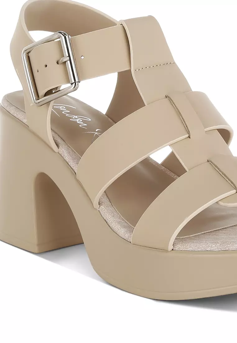 Chunky Pin Buckle Platform Heels in Beige