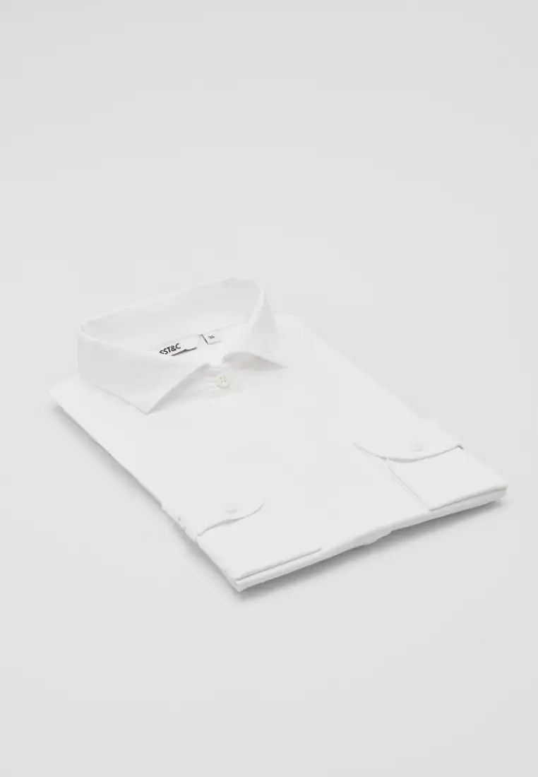 白色一字領標準版長袖襯衫
