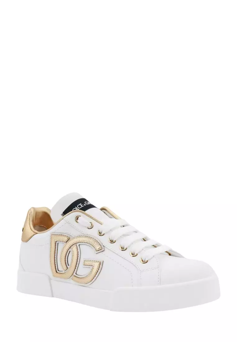 DOLCE GABBANA Leather sneakers with gold profilws White